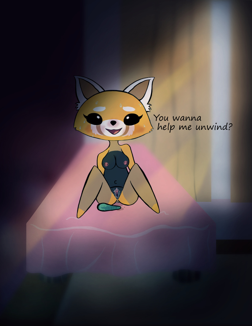 absurd_res aggressive_retsuko ailurid anthro anus blush bodily_fluids breasts cerdiplex digital_media_(artwork) dildo female fur genital_fluids hi_res looking_at_viewer mammal nipples nude open_mouth presenting presenting_pussy pussy pussy_juice red_panda retsuko sanrio sex_toy smile solo spread_legs spreading straight_hair text tongue