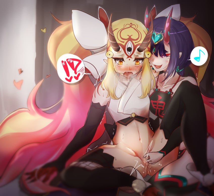 !? 2girls absurdres bangs bare_shoulders black_legwear blonde_hair blush bow breasts chinese_clothes collarbone detached_sleeves dudou earrings eyeliner facial_mark fang_out fate/grand_order fate_(series) fingering fingernails flower forehead_mark fundoshi gradient_hair hairbow headpiece heart highres horns ibaraki_douji_(fate) ibaraki_douji_(swimsuit_lancer) japanese_clothes jewelry long_hair looking_at_viewer low_twintails mach_iota makeup multicolored_hair multiple_girls musical_note navel oerba_yun_fang one-piece_swimsuit one_eye_closed oni oni_horns open_mouth pointy_ears purple_eyes purple_hair pussy pussy_juice rope sharp_fingernails shawl short_eyebrows short_hair short_twintails shuten_douji_(fate) sidelocks small_breasts smile spoken_musical_note spread_legs swimsuit tattoo thighs twintails very_long_hair white_swimsuit yellow_eyes yuri