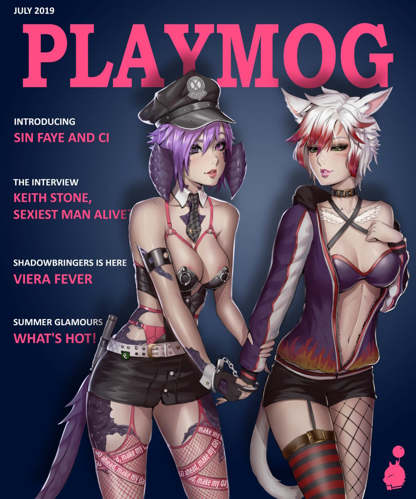 2girls au_ra blue_eyes choker clothing cuffs final_fantasy final_fantasy_xiv gloves green_eyes hat horns jacket l'cielle_lhas(ci) large_breasts lingerie lipstick magazine magazine_cover miqo'te moogle multiple_girls nipples pink_hair police red_hair sefuart short_hair shorts sin_faye skirt stockings tail tattoo tie turtlechan underwear white_hair xaela