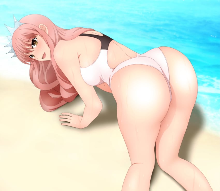 1girls all_fours ass backless_outfit beach bent_over bikini blush brown_eyes dat_ass doggy_style fate/grand_order fate_(series) female female_only looking_at_viewer looking_back medb_(fate) one-piece_swimsuit pink_hair smile solo yadokari_genpachirou