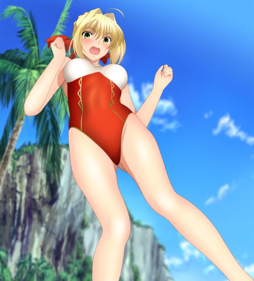 1girls beach blonde_hair blush breasts embarrassed fate/grand_order fate_(series) from_below green_eyes nero_claudius_(fate) one-piece_swimsuit open_mouth solo surprised swimsuit thighs yadokari_genpachirou