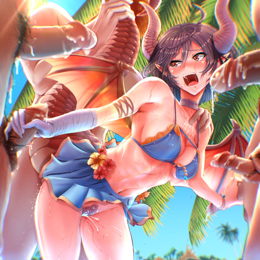 6+boys ahoge bikini bikini_skirt blue_bikini blush breasts brown_eyes brown_hair censored cum cum_in_pussy doggy_style dragon_girl dragon_horns dragon_tail dragon_wings female granblue_fantasy grea_(shingeki_no_bahamut) handjob highres horns kilesha kirewisha large_breasts manaria_friends mmmmmmf_sevensome multiple_boys open_mouth penis rape saliva sex shingeki_no_bahamut shiny shiny_hair shiny_skin short_hair small_penis sweat swimsuit swimwear tail tears tongue upper_teeth vaginal_penetration wings