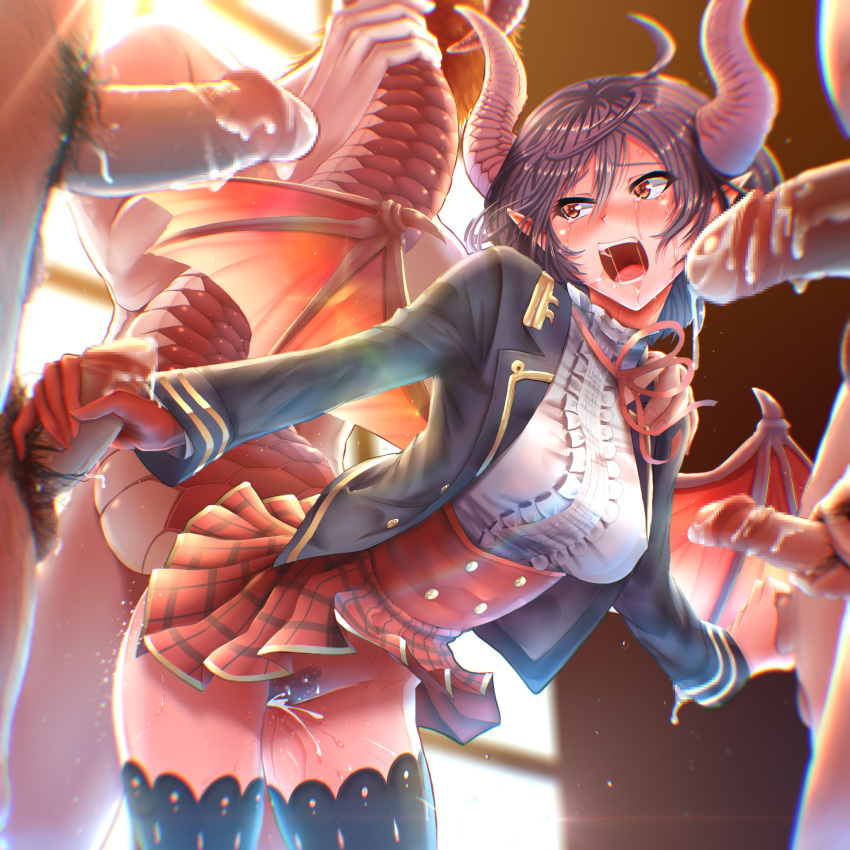 6+boys ahoge black_legwear blush breasts brown_eyes brown_hair censored clothed_sex covered_nipples cum cum_in_pussy doggy_style dragon_girl dragon_horns dragon_tail dragon_wings female granblue_fantasy grea_(shingeki_no_bahamut) handjob highres horns kilesha kirewisha large_breasts manaria_friends mmmmmmf_sevensome multiple_boys no_panties open_mouth penis rape saliva sex shingeki_no_bahamut shiny shiny_hair shiny_skin short_hair skirt sweat tail tears thighhighs tongue upper_teeth vaginal_penetration wings