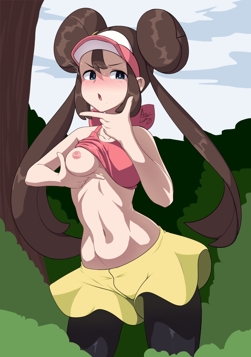 1girls abdomen abs areolae ari_(pixiv) artist_name artist_signature belly belly_button belly_exposed blue_eyes blush breasts breasts_out brown_hair bush double_bun exposed forest hand_on_breast hand_on_chin hit_or_miss human human_only meme navel nintendo nipples one_breast_out outdoors pantyhose pokemon pokemon_bw2 rosa_(pokemon) shirt shirt_lift shirt_up skirt small_breasts solo sweat thigh_gap tree twintails