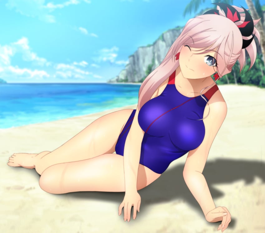 1girls beach blue_eyes blush fate/grand_order fate_(series) large_breasts long_hair lying miyamoto_musashi_(fate) on_side one-piece_swimsuit one_eye_closed pink_hair smile solo swimsuit wink yadokari_genpachirou