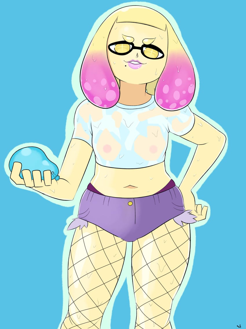 daisy_dukes fishnet_stockings fishnets nipples pearl_(splatoon) splatoon splatoon_2 tagme water_balloon wet wet_shirt