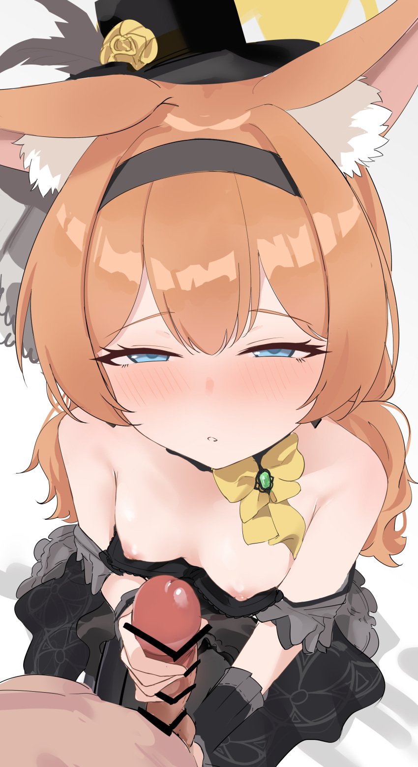 1boy absurdres animal_ear_fluff animal_ears bar_censor black_dress black_hairband black_hat blue_archive blue_eyes breasts cat_ears censored dress erection female hairband halo handjob hat highres long_hair looking_at_viewer mari_(blue_archive) mari_(idol)_(blue_archive) nipples orange_hair penis small_breasts solo_focus straight yellow_halo ykt_scl