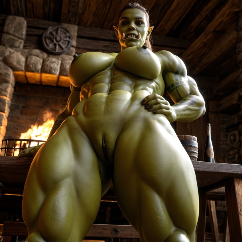 1girls ai_generated big_breasts black_hair breasts brown_eyes cozy female fireplace from_below from_below_view from_beneath green-skinned_female green_skin indoors looking_at_viewer looking_down looking_down_at_viewer muscular muscular_female nowrin open_mouth orc orc_(warcraft) orc_female ponytail presenting presenting_crotch pussy solo_female stable_diffusion thick_thighs thighs warcraft world_of_warcraft