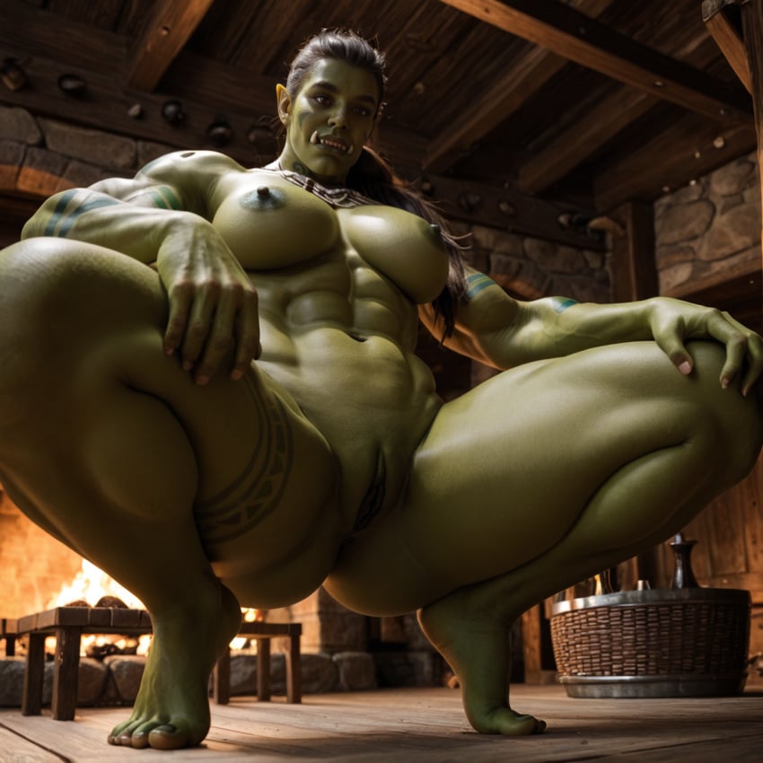 1girls ai_generated big_breasts black_hair breasts brown_eyes cozy female fireplace from_below from_below_view from_beneath green-skinned_female green_skin indoors looking_at_viewer looking_down looking_down_at_viewer muscular muscular_female nowrin open_mouth orc orc_(warcraft) orc_female ponytail presenting presenting_crotch pussy solo_female squat squatting stable_diffusion tattoo tattoos thick_thighs thighs warcraft world_of_warcraft