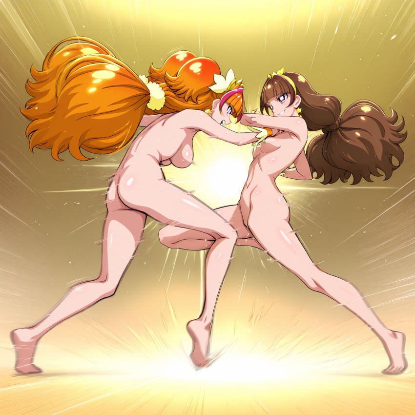 2girls ai_generated amanogawa_kirara breasts catfight cure_twinkle earrings female female_only fight go!_princess_precure light-skinned_female light_skin long_hair magical_girl naked nipples nude nude_female onsen orange_hair precure pretty_cure princess purple_eyes solo star_earrings toei_animation wrestling