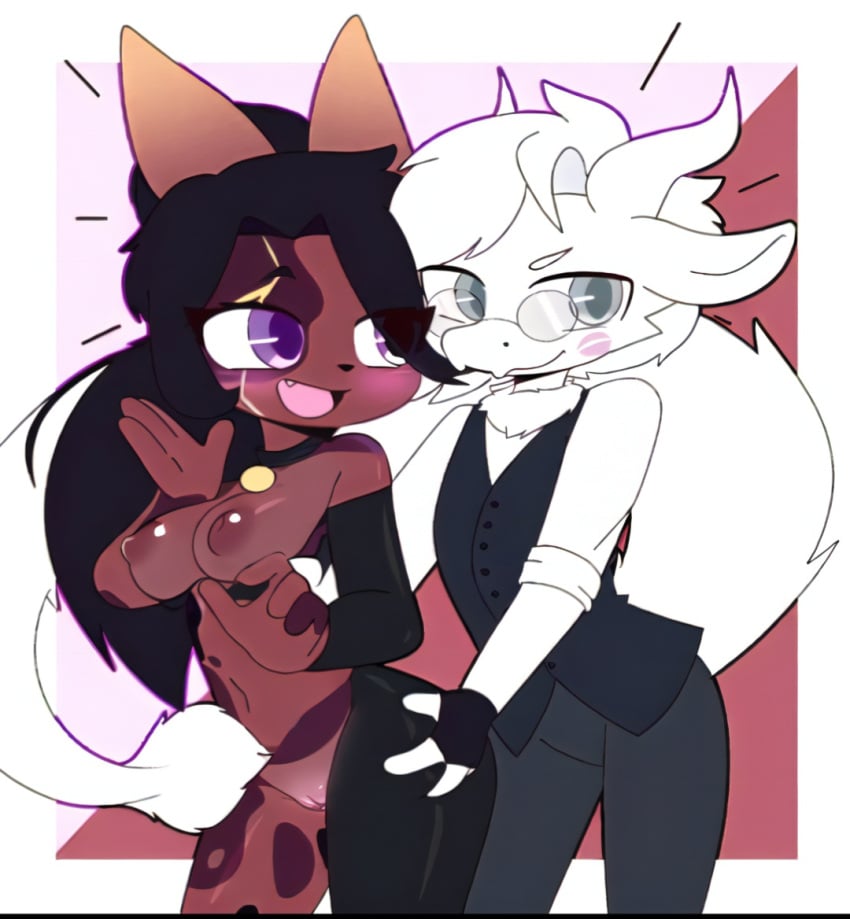 1boy1girl adorable anthro black_hair blush brown_hair clothed_male dragon_boy female furry glasses gray_eyes kiss_mark long_ears long_tail looking_at_partner male mandoy1o1 naked_female nipples original_character purple_eyes pussy smile white_body