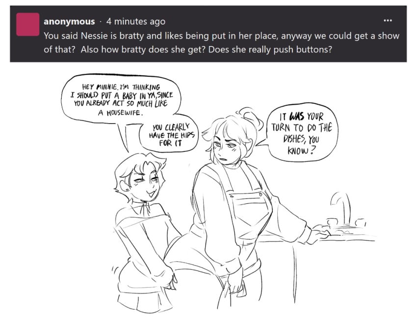 1futa 1girls 2d age_difference ask_blog asking_a_question asking_for_sex blush brat bratty catgrrrlriot creampie_request dialogue doing_dishes dry_humping earrings english english_text female from_behind futa_on_female futanari grin gynomorph gynomorph/female humping impregnation_request incest intersex intersex/female larger_female long_sleeves looking_back minnie_(catgrrrlriot) monochrome naughty nessie_(catgrrrlriot) older_female original_character question secretly_loves_it short_hair siblings sisters size_difference sketch skirt small_dom_big_sub smaller_futa smug speech_bubble text thick_female thick_thighs trans_woman transfem transgender wide_hips younger_futa