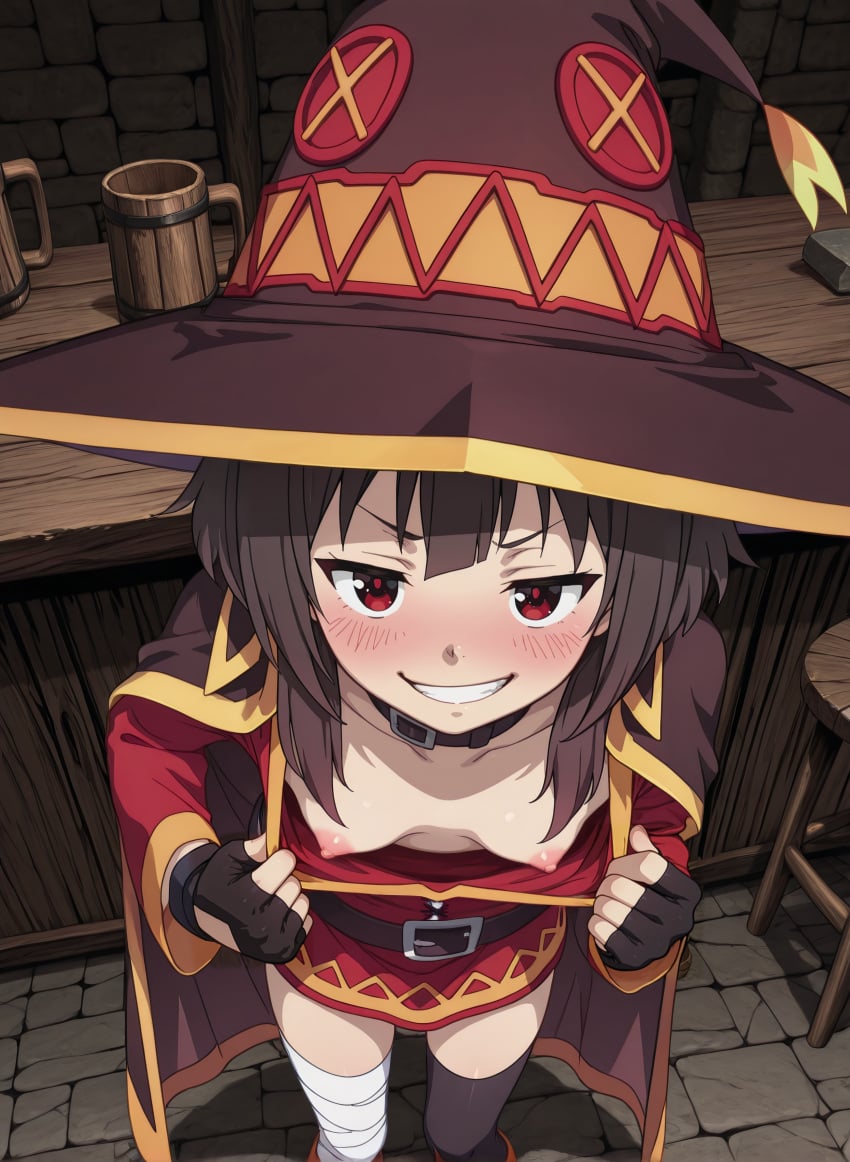 1female 1girls ai_generated bandages bangs breasts_exposed brown_hair cloak clothes_pull female fingerless_gloves flashing flashing_breasts from_above futality gloves indoors kono_subarashii_sekai_ni_shukufuku_wo! konosuba looking_at_viewer megumin nipples off_shoulder_dress pulling_own_clothes pulling_shirt_down red_dress red_eyes shirt_pull short_hair side_bangs small_breasts smirk smug solo tavern teeth thighhighs witch_hat young young_female