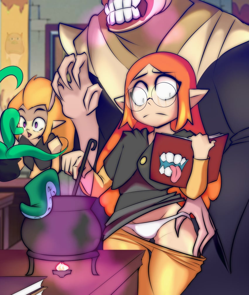 1boy 2girls ass big_ass big_butt big_hips big_thighs breasts dgoger disney eda_clawthorne female glasses golden_eyes hips inminent_rape lilith_clawthorne long_hair orange_hair panties pantyhose small_breasts smaller_female student the_owl_house thick_thighs thighs