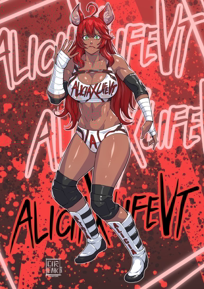 aliciaxlife breasts dark-skinned_female dark_skin female gold_jewelry green_eyes indie_virtual_youtuber jewelry looking_at_viewer mouse mouse_ears mouse_girl queen rat rat_girl rat_tail red_hair solo solo_female virtual_youtuber vtuber wrestler wrestling wrestling_outfit wrestling_ring youtuber