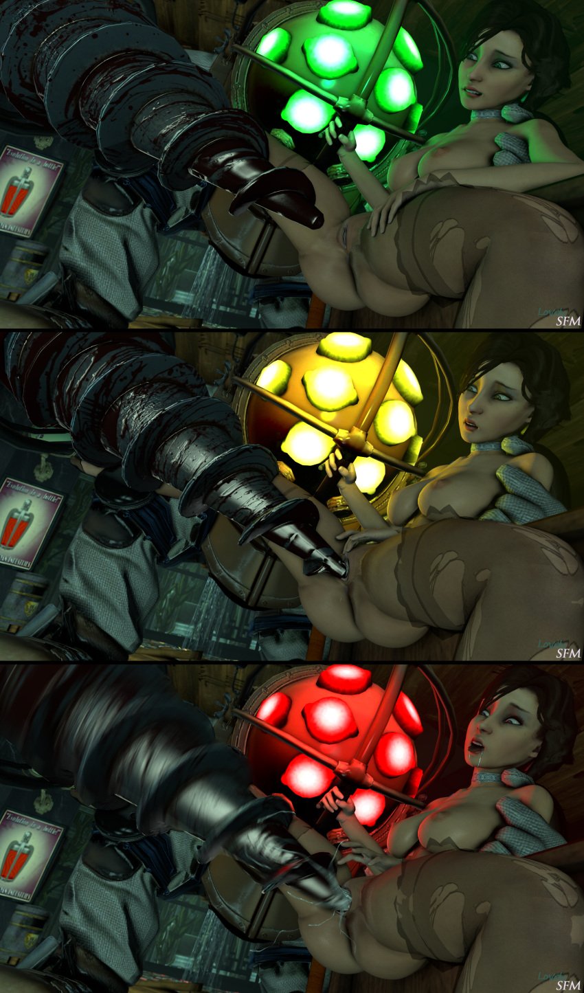 1boy 1girls 3d areolae ass big_breasts big_daddy_(bioshock) bioshock bioshock_infinite blue_eyes breasts brown_hair bubble_butt busty choker comic drill elizabeth_comstock female female_focus hourglass_figure long_hair lovelysfm male masturbation nipples ponytail pussy rapture_(bioshock) sex source_filmmaker spread_legs vagina wide_hips