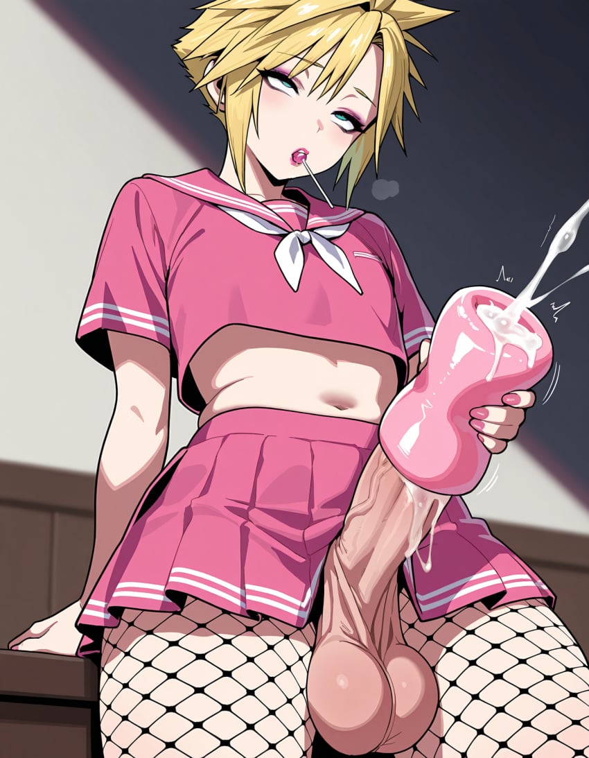 1boy ai_generated artificial_vagina cloud_strife crop_top cum femboy fishnets lolipop masturbation pantyhose rolling_eyes sagging_balls serafuku