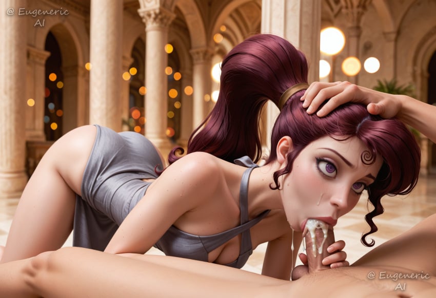 1boy ai_generated all_fours artist_name ass bare_shoulders blurry blurry_background body_freckles breasts censored cleavage clothed_female_nude_male column cum cum_in_mouth disney disney_princess dress erection eugenericai fellatio female freckles greek_mythology grey_dress hair_pulled_back halter_dress halterneck hand_on_another&#039;s_head hercules_(disney) indoors long_hair makeup male male_pubic_hair medium_breasts megara mole mole_on_breast mosaic_censoring nose nude oral penis pillar ponytail pubic_hair purple_eyes purple_hair runny_makeup saliva straight sweat uncensored veins
