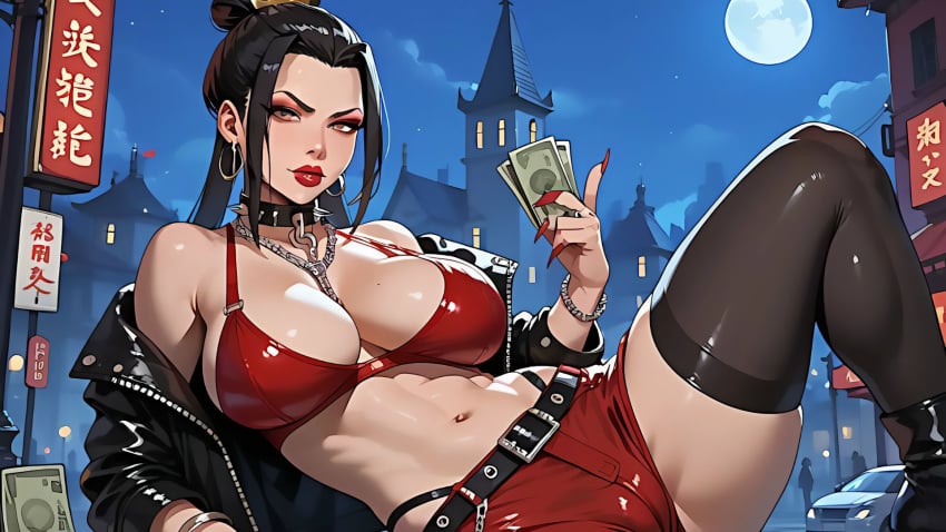1girls ai_generated asian asian_bimbo asian_female avatar_legends avatar_the_last_airbender azula black_hair black_jacket bra bracelets cameltoe cash collar eyeshadow female female_focus female_only large_breasts leather_belt leather_jacket lipstick long_fingernails long_nails looking_at_viewer makeup midriff money navel neck_chain night night_sky open_jacket prostitute prostitution red_bra red_breasts red_shorts revealing_clothes short_shorts shorts skimpy_clothes stockings thighhighs wallpaper
