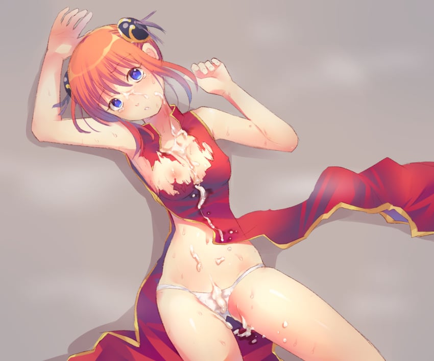 blue_eyes breasts bun_cover china_dress chinese_clothes collarbone cum cum_on_body double_bun dress eyebrows_visible_through_hair facial female floating_hair ginkamiaki gintama grey_background hair_between_eyes head_tilt kagura_(gintama) looking_at_viewer nipples orange_hair panties parted_lips red_dress shiny shiny_hair sleeveless sleeveless_dress small_breasts solo torn_clothes torn_dress underwear white_panties