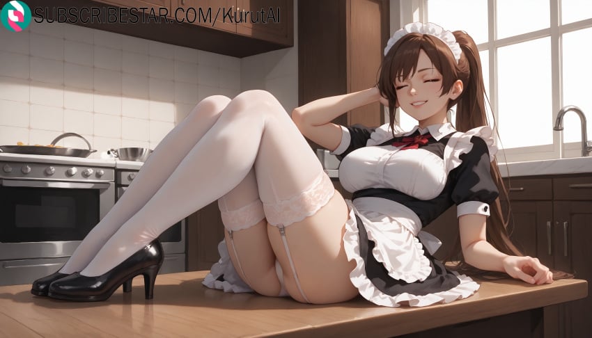 1girls ai_generated amagi apron artist_name artist_signature ass breasts brown_hair closed_eyes dress female frills garter_straps hi_res high_heels high_resolution highres indoors kitchen kurutai large_breasts long_hair maid maid_apron maid_headdress ore_wa_seikan_kokka_no_akutoku_ryoushu panties ponytail puffy_short_sleeves puffy_sleeves sink sitting smile solo stove subscribestar subscribestar_username thighhighs uncensored underwear white_panties