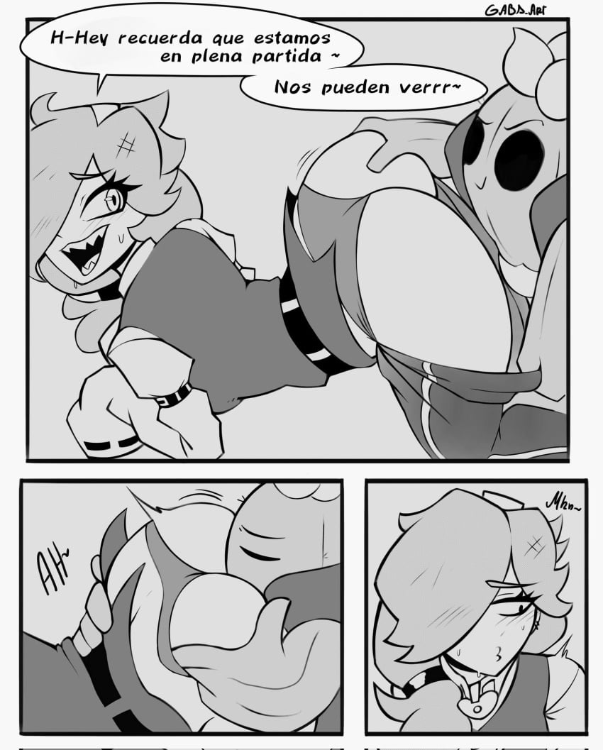 1girl1boy brawl_stars colette_(brawl_stars) comic comic_page downpants gabri_art open_mouth sex_pose sharp_teeth sniffing_ass spanish_text speaking speech_bubble spike_(brawl_stars) supercell