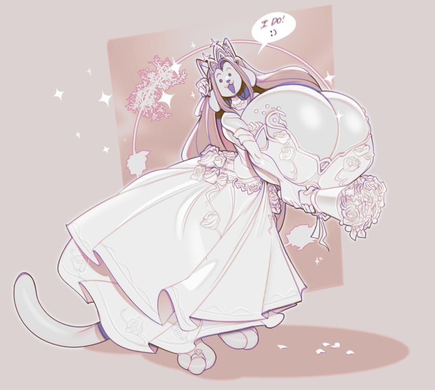 big_breasts breasts canid canine canis clothing digit_ring digital_drawing_(artwork) digital_media_(artwork) domestic_dog dress felid feline female flower hi_res huge_breasts jewelry mammal plant ring solo submarine_screw temmie_(undertale) text undertale undertale_(series) wedding_dress wedding_ring