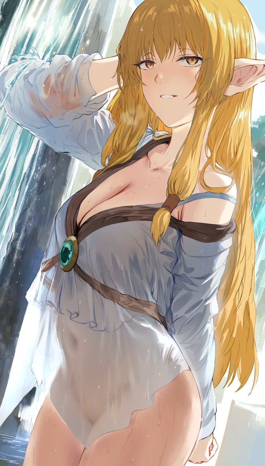 alternative_bust_size arm_behind_back arm_behind_head backlighting blonde_hair breasts brooch clavicle cleavage clothing cowboy_shot elf extremely_large_filesize female female frieren_beyond_journey's_end hair_tubes hews_hack high_resolution jewelry large_breasts large_filesize lingerie long_hair long_sleeves looking_at_viewer low-tied_long_hair navel negligee nightgown off_shoulder outdoors parted_lips png pointed_ears serie_(sousou_no_frieren) sidelocks single_bare_shoulder sleepwear smile solo sousou_no_frieren thighs tied_hair very_high_resolution water waterfall wet white_negligee yellow_eyes