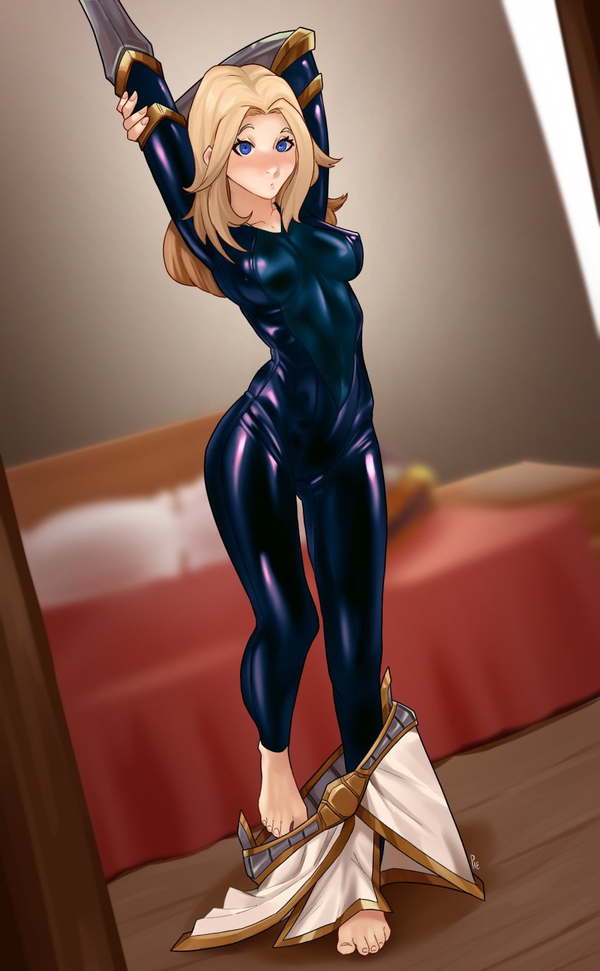 1girls blonde_hair blue_eyes bodysuit hi_res highres league_of_legends luxanna_crownguard medium_breasts non-nude pietheunusual riot_games streching undressing wide_hips