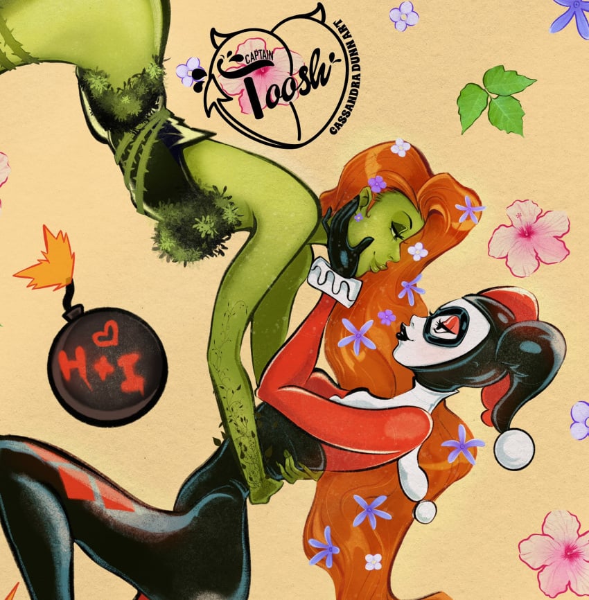 2girls artist_logo batman_(series) captain_toosh clown clown_girl curvy dc dc_comics green_skin harleen_quinzel harley_quinn harley_quinn_(classic) jester_outfit pamela_isley poison_ivy red_hair small_waist tight_clothing yuri