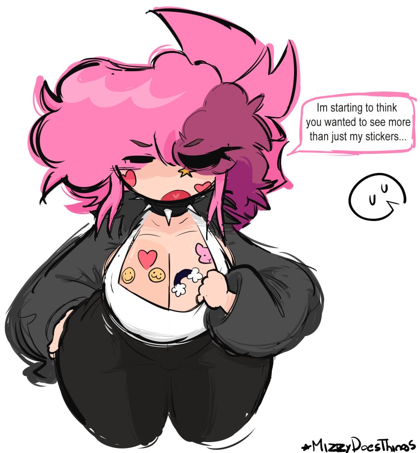 1girls art_trade breasts cleavage female lunaiikun mizukidoesstuff oc original_character pink_hair sticker stickers stickers_on_body thick_thighs thighs