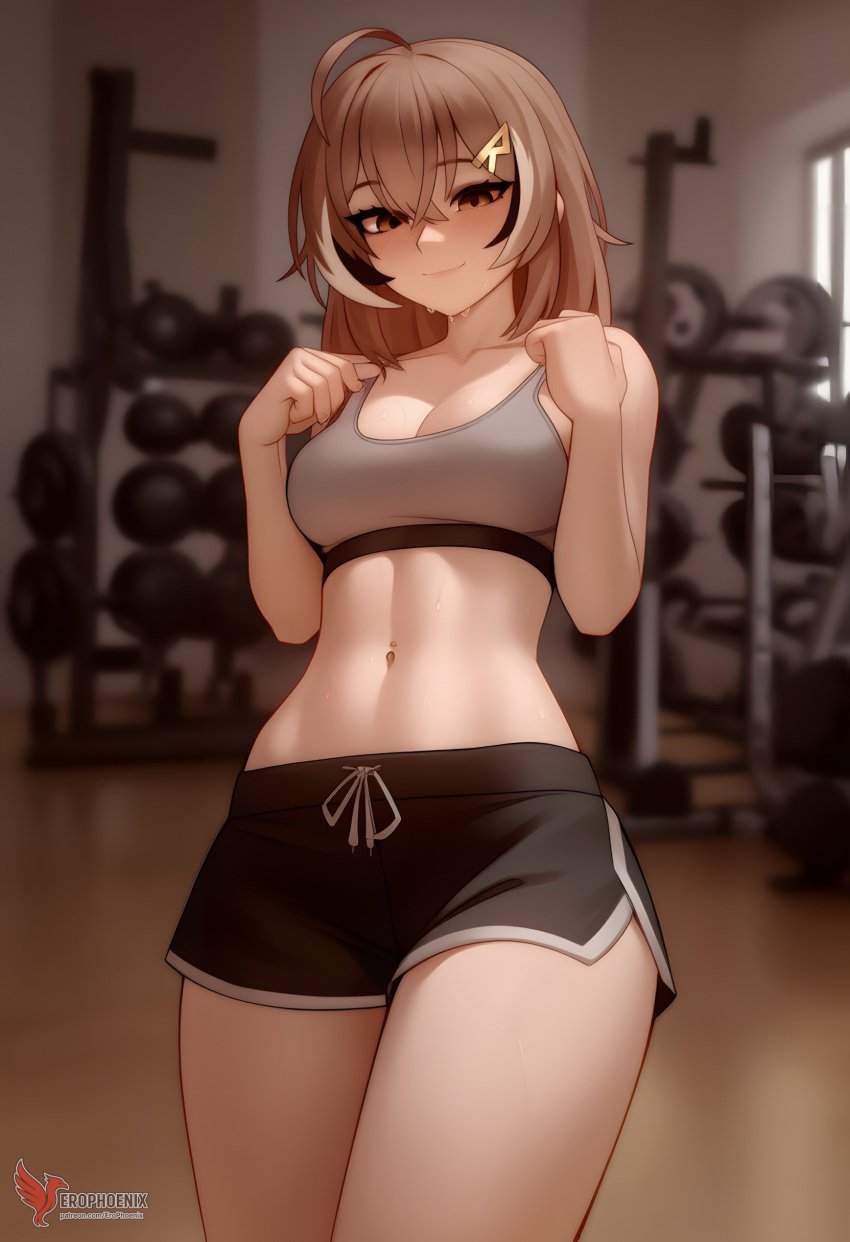 1girls 2d ai_generated ass barefeet big_ass breasts brown_hair erophoenix feet female female_focus full_body gym hairclip hololive hololive_english hololive_english_-council- hololive_english_-promise- indoors looking_at_viewer medium_breasts nanashi_mumei navel patreon_username short_shorts shorts solo solo_female sports_bra sweat thick thick_thighs toes uncensored virtual_youtuber vtuber