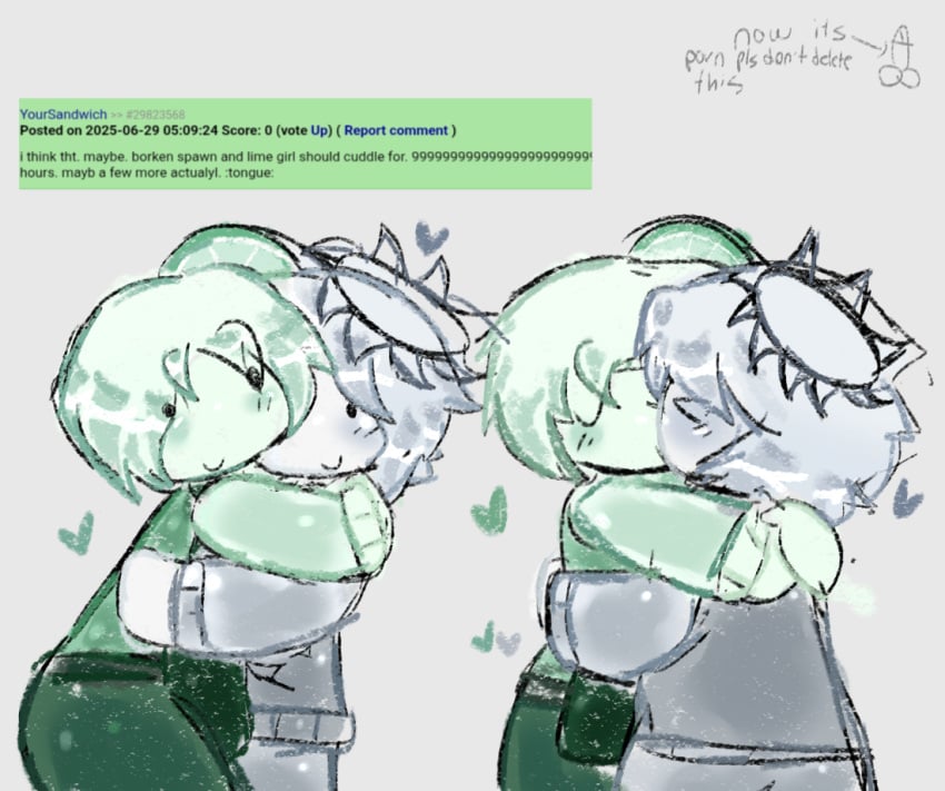 ansiansiansi blush blush broken_spawn_(lhg) brokenlimemybeloved cuddling female female/male heart hug hugging hugging_another kissing kissing let_him_go. light_skin lime_girl_(lhg) male male/female roblox roblox_game robloxian spawn_(lhg) straight wholesome