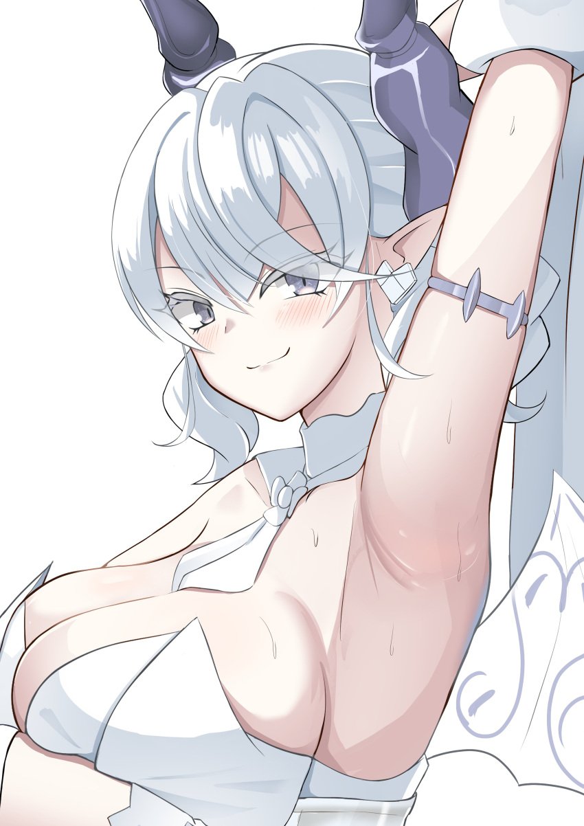 absurdres arm_up armlet armpit_focus armpits blush breasts cleavage closed_mouth collarbone demon_girl demon_horns demon_wings detached_collar dress drill_hair duel_monster earrings female fuheho0706 grey_eyes hair_between_eyes heart heart_earrings highres horns jewelry labrynth_of_the_silver_castle large_breasts looking_at_viewer lovely_labrynth_of_the_silver_castle pointy_ears presenting_armpit short_hair sideboob simple_background smile solo spiked_armlet sweat sweaty_armpits transparent_wings twin_drills white_background white_dress white_hair wings yu-gi-oh!