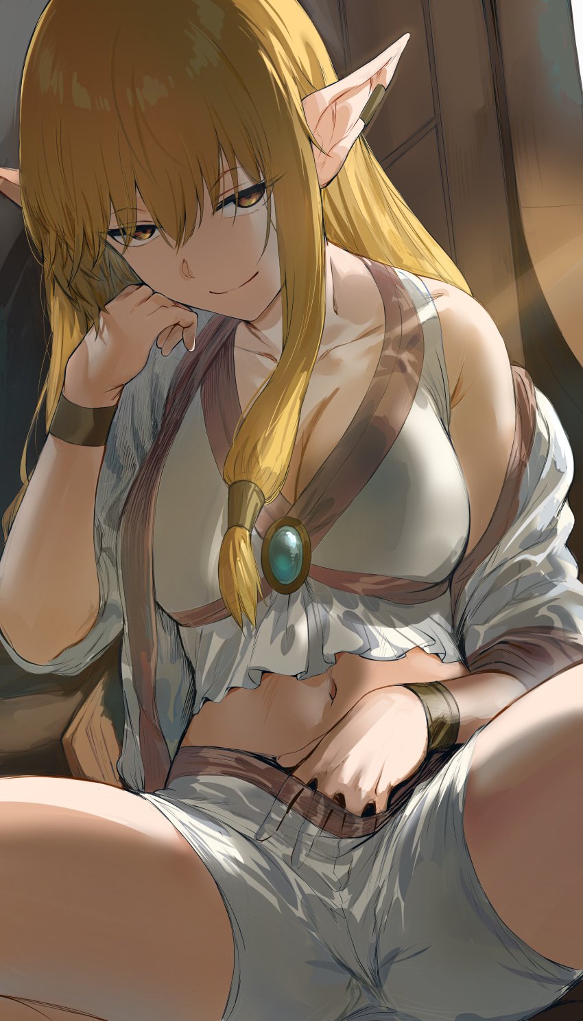 blonde_hair breasts brooch cleavage closed_mouth clothing earclip elbow_rest elf extremely_large_filesize female female female_only frieren_beyond_journey&#039;s_end hair_between_eyes hair_tubes hand_under_clothes hand_under_shorts head_rest hews_hack high_resolution imminent_masturbation jewelry large_breasts large_filesize long_hair looking_at_viewer midriff navel png pointed_ears robe serie_(sousou_no_frieren) short_shorts shorts sidelighting sidelocks sitting smile solo sousou_no_frieren spread_legs thighs very_high_resolution white_shorts yellow_eyes