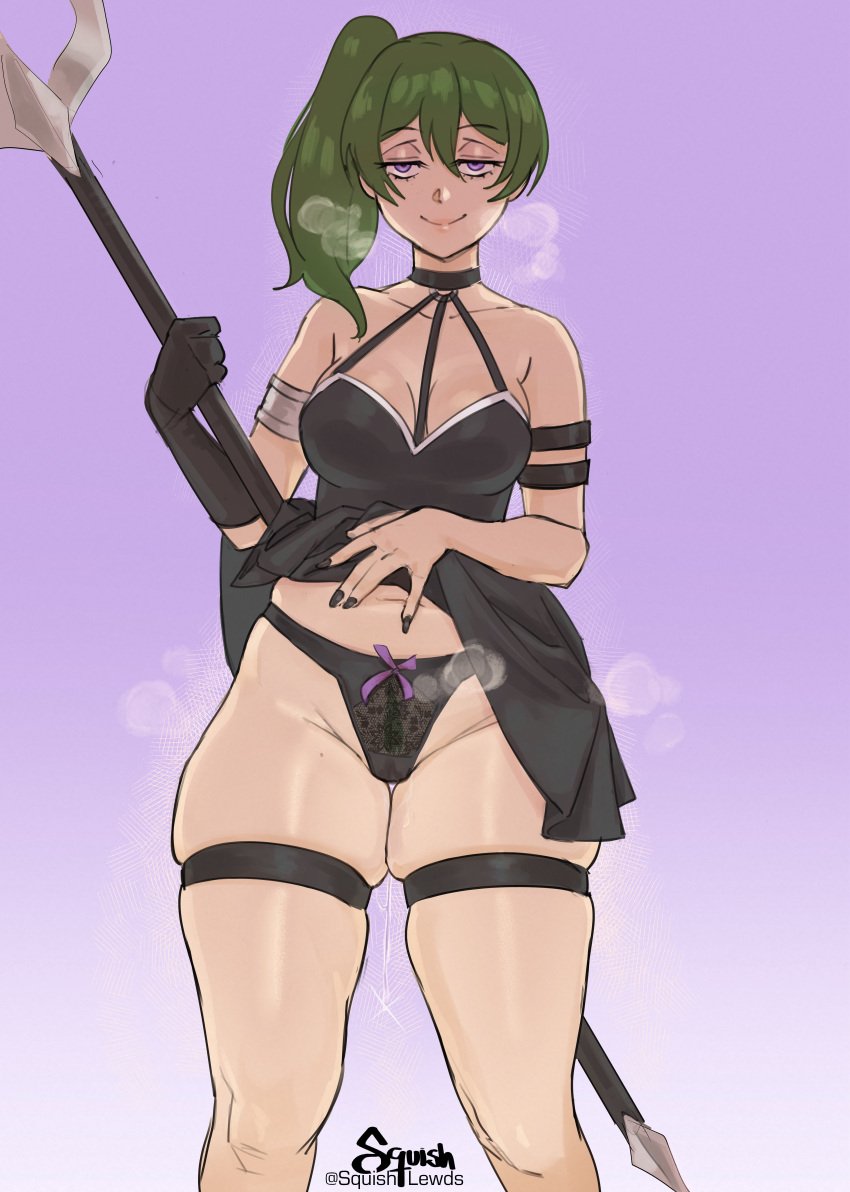 asymmetrical_hair bangs bare_shoulders black_choker black_clothes black_dress black_gloves black_panties black_thigh_strap black_underwear blush bodily_fluids breasts choker cleavage closed-mouth_smile closed_mouth clothes_lift clothes_pull clothing dress dress_lift dress_pull extremely_large_filesize female female female_only female_pubic_hair genital_fluids gloves green_hair half-closed_eyes high_resolution holding holding_object holding_polearm holding_weapon jewelry lace lace-trimmed_panties lace_trim large_breasts large_filesize legwear lifted_by_self lingerie long_hair looking_at_viewer mole mole_on_thigh naughty_face navel o-ring o-ring_choker pantsu png polearm ponytail presenting presenting_own_panties presenting_panties presenting_self pubic_hair purple_eyes seductive seductive_eyes seductive_look seductive_smile side_ponytail simple_background single_glove skindentation skirt skirt_lift skirt_lifted_by_self skirt_pull smile solo sousou_no_frieren spear squishlewds standing steam steaming_body steaming_breath steamy_breath thick_thighs thigh_strap thighhighs thighs tied_hair twitter_username ubel_(sousou_no_frieren) underwear username vaginal_juice_drip vaginal_juices very_high_resolution weapon