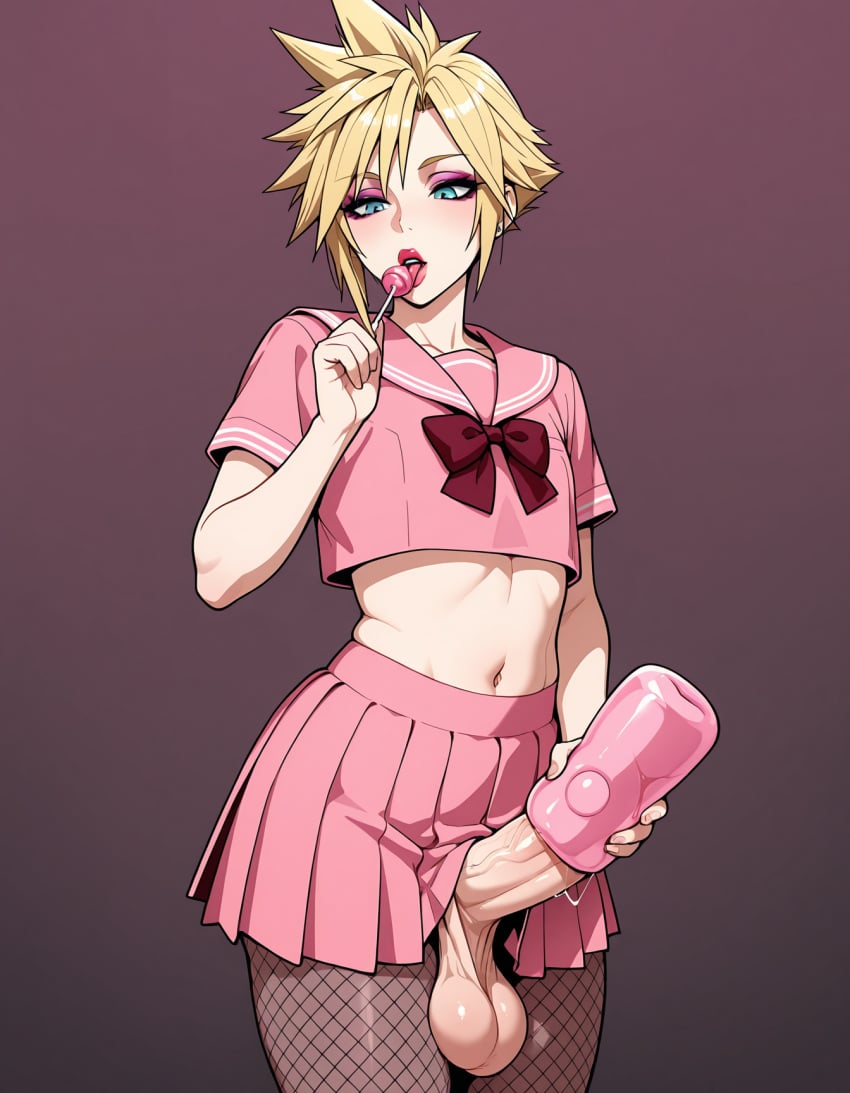 1boy ai_generated artificial_vagina cloud_strife crop_top eyeshadow femboy fishnets flat_chastity_cage lipstick lolipop masturbation pantyhose sagging_balls serafuku