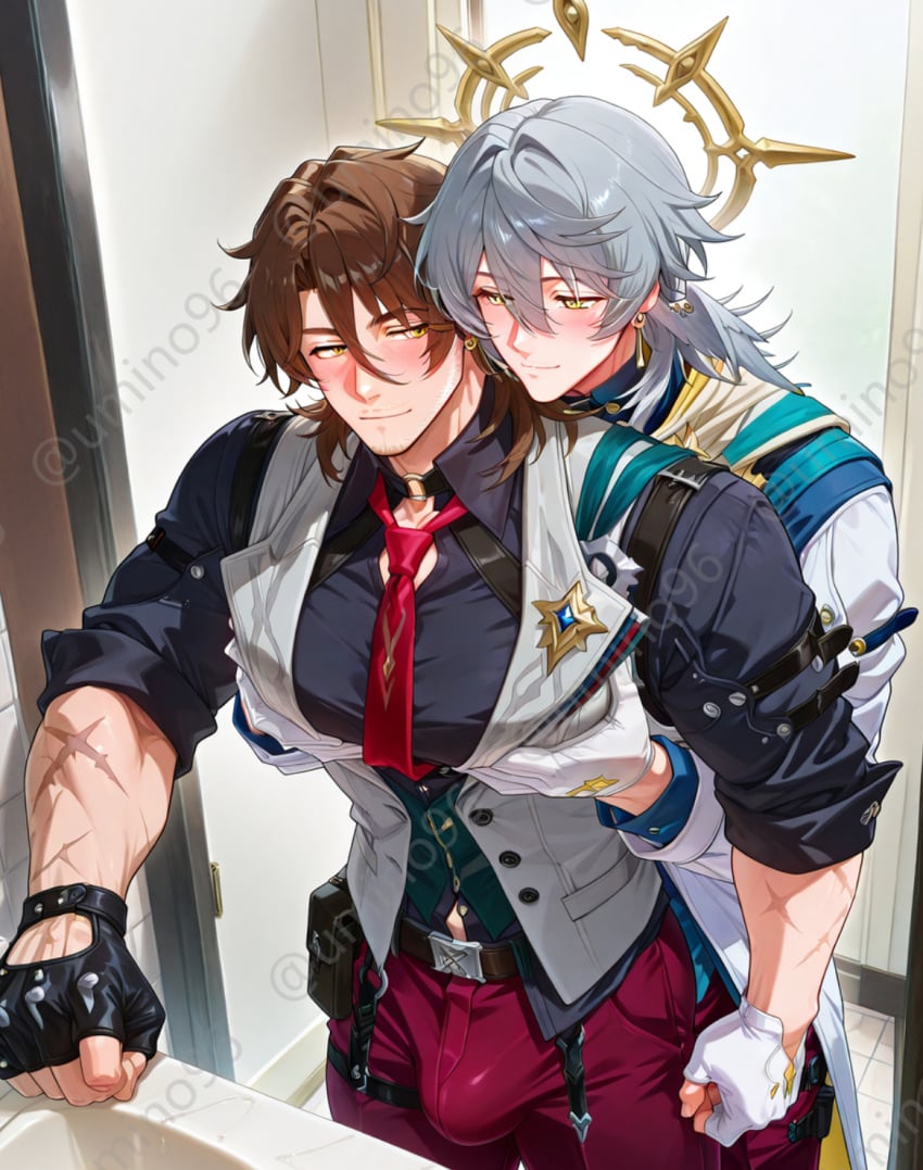 2boys ai_generated angel_wings boner gallagher_(honkai:_star_rail) gay honkai:_star_rail honkai_(series) male_only muscular muscular_male sunday_(honkai:_star_rail) trousers yellow_eyes