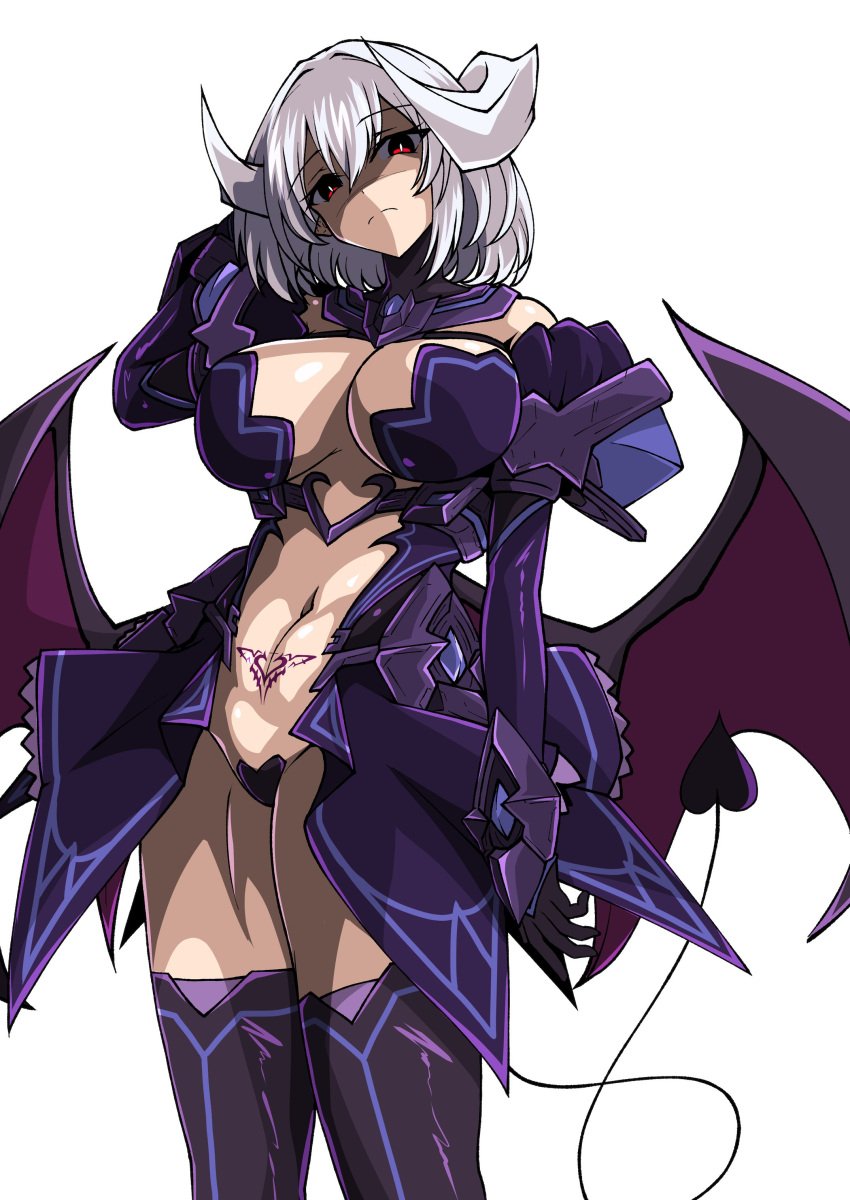 1girls absurdres aoi_tabane azur_lane breasts cleavage corruption cosplay dark_persona demon_girl demon_horns demon_tail demon_wings female female female_only gloves heart_maebari highres horns kouyoku_senki_exs-tia large_breasts lilistia looking_at_viewer low_wings maebari navel pubic_tattoo red_eyes revealing_clothes shaded_face short_hair simple_background sirius_(azur_lane) solo stomach succubus tail tattoo thighhighs thighs white_background white_hair wings