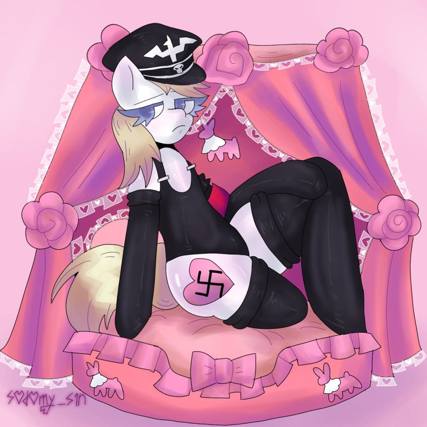 aryanne_(mlp) black_clothes black_clothing black_gloves black_stockings blonde_female blonde_hair blonde_hair_female blue_eyes bodysuit fan_character female female_focus female_only gloves latex latex_clothing latex_gloves latex_stockings latex_suit my_little_pony nazi nazi_imagery nazi_uniform pony s0d0my_s1n solo solo_female solo_focus stockings swastika waffen-ss wide_hips