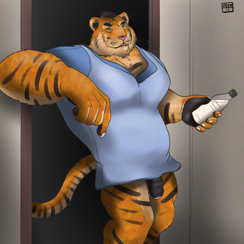 1:1 anthro big_muscles bottle bottomless chrm clothed clothing felid flaccid genitals hair hi_res holding_bottle holding_object huge_muscles humanoid_genitalia looking_at_viewer male male_only mammal muscular muscular_anthro muscular_male pantherine penis shirt smile solo tiger topwear uncut