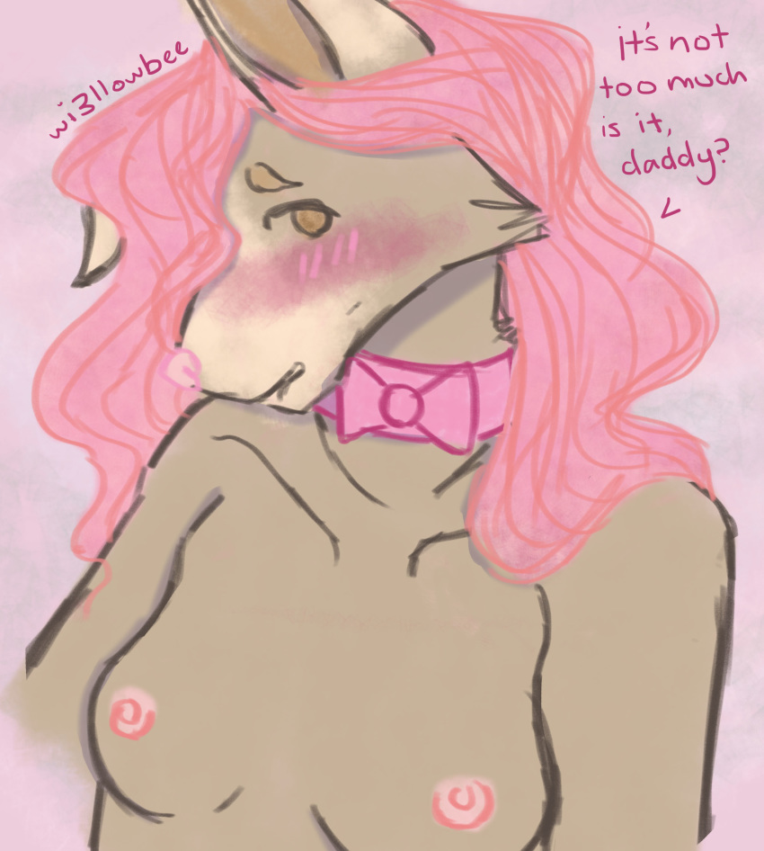 absurd_res anthro blush canid canine canis collar digital_media_(artwork) domestic_dog english_text female fur hi_res mammal nude pink_nose simple_background solo wi3llowbee