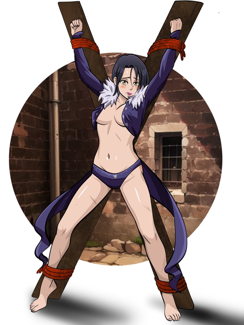 1girls barefoot big_breasts black_hair bondage bound2draw clothed clothed_female cross dungeon embarrassed embarrassed_female exposed exposing_chest femsub humiliation kodansha lewd_clothing merlin_(nanatsu_no_taizai) nanatsu_no_taizai panties sad seven_deadly_sins sex_slave slave the_seven_deadly_sins x_cross_(bdsm)