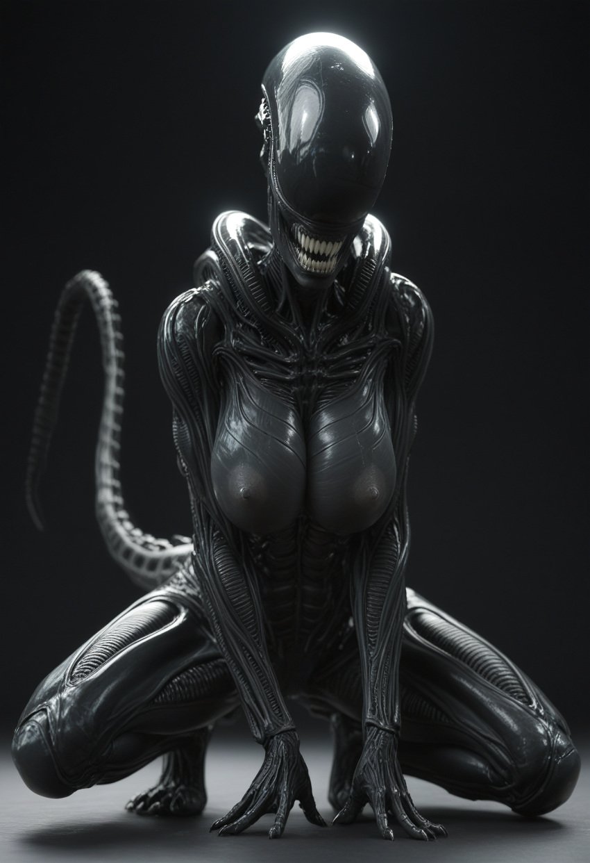 ai_generated alien alien_(franchise) alien_girl beautiful big_breasts black_body breasts crouching crouching_female female female_focus female_only femomorph fit fit_female in_heat looking_at_viewer posing posing_for_the_viewer realistic seductive seductive_look seductive_smile sexy sexy_body sexy_pose spaceship_interior tail tits_out voluptuous wide_hips xenomorph