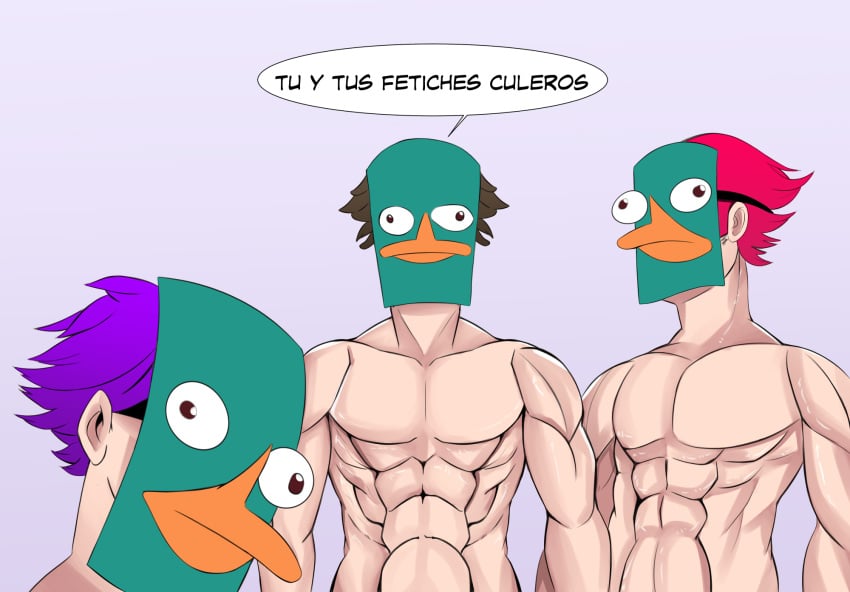 3boys abs biceps blue_background brown_hair covered_face dialogue haha_what highres humor istravas looking_at_viewer male male_only mask multiple_boys multiple_males muscles muscular muscular_arms muscular_male no_shirt original perry_the_platypus phineas_and_ferb purple_hair red_hair sexually_suggestive shiny_skin short_hair spanish_text speech_bubble talking_to_viewer text upper_body what