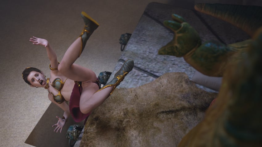 1girls 3d alexbridger belly_dancer belly_dancer_outfit boots braided_hair brown_eyes brown_hair enslaved_royal female femsub harem_girl harem_outfit jabba&#039;s_palace jabba_the_hutt loincloth loincloth_up long_hair princess_leia_organa pushed_down pussy scared shaved_pussy slave slave_bikini slave_collar slave_leia slave_outfit slavegirl star_wars submissive_female trapdoor