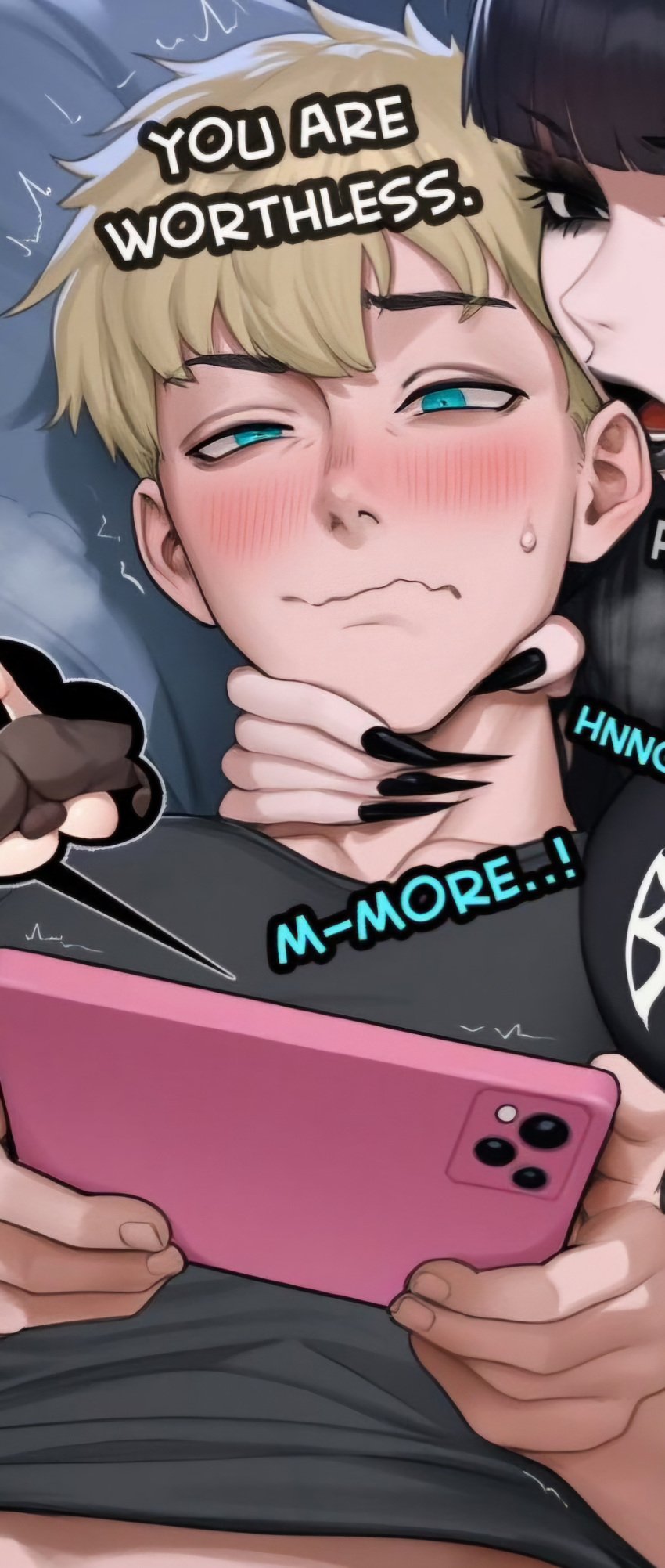 ai_art ai_generated aipotions blushing_male cuck female femdom goth goth_girl interracial_sex male netorare netorase phone whispering whispering_into_ear