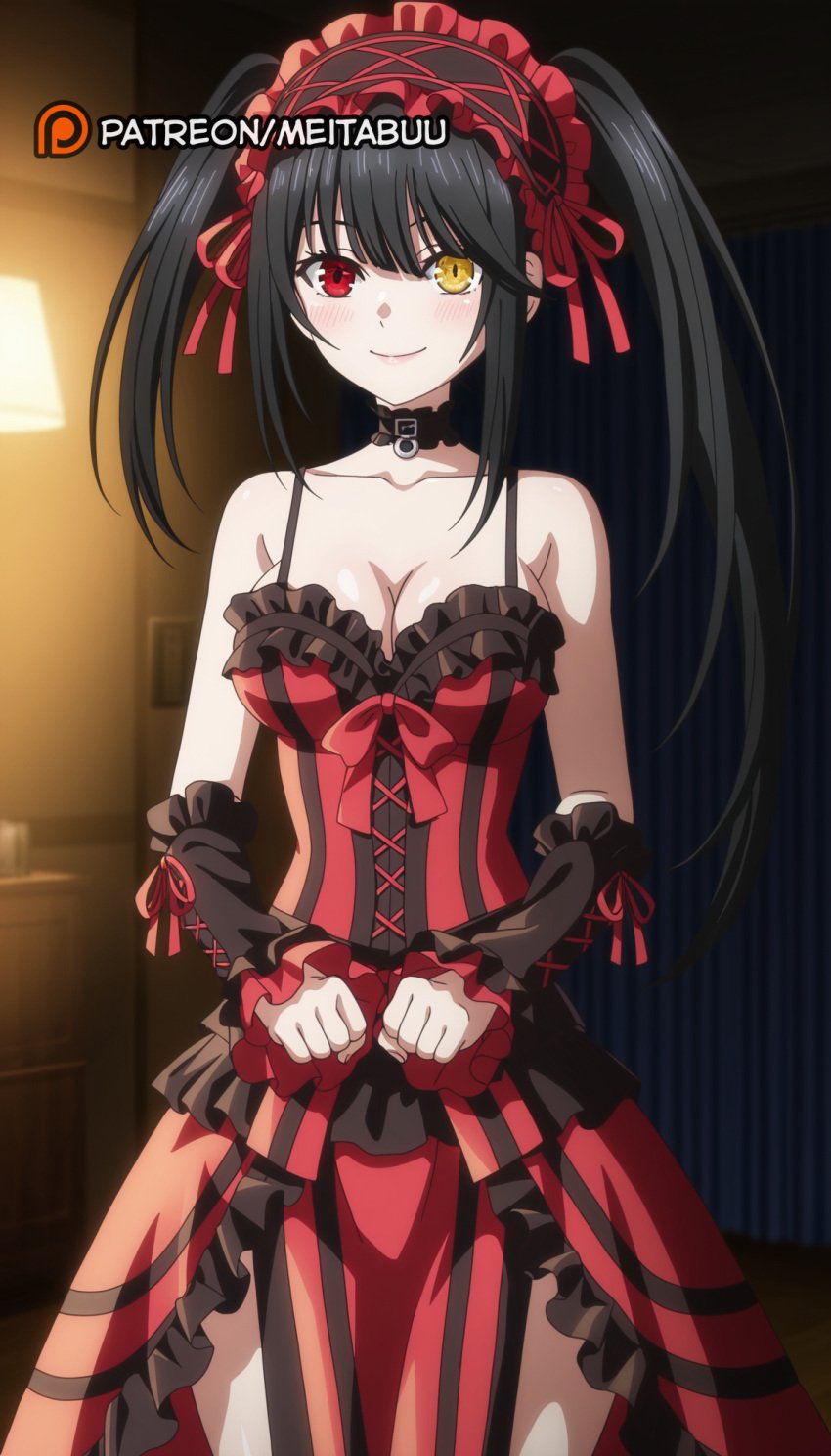 ai_generated asymmetrical_hair bare_shoulders black_choker black_hair black_sleeves blush breasts choker cleavage clock_eyes closed_mouth collarbone cowboy_shot date_a_live detached_sleeves dress female frilled_dress frilled_hairband frills gothic_lolita hair_between_eyes hairband heterochromia indoors large_breasts lolita_fashion lolita_hairband long_hair looking_at_viewer medium_breasts meitabuu red_dress red_eyes red_ribbon ribbon sleeveless sleeveless_dress smile solo spaghetti_strap standing symbol-shaped_pupils tokisaki_kurumi twintails uneven_twintails very_long_hair yellow_eyes