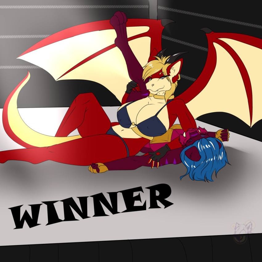 anthro boxing_ring darknido defeated dragon female fight fighting_ring jvdragoon mizukithia scalie wrestling