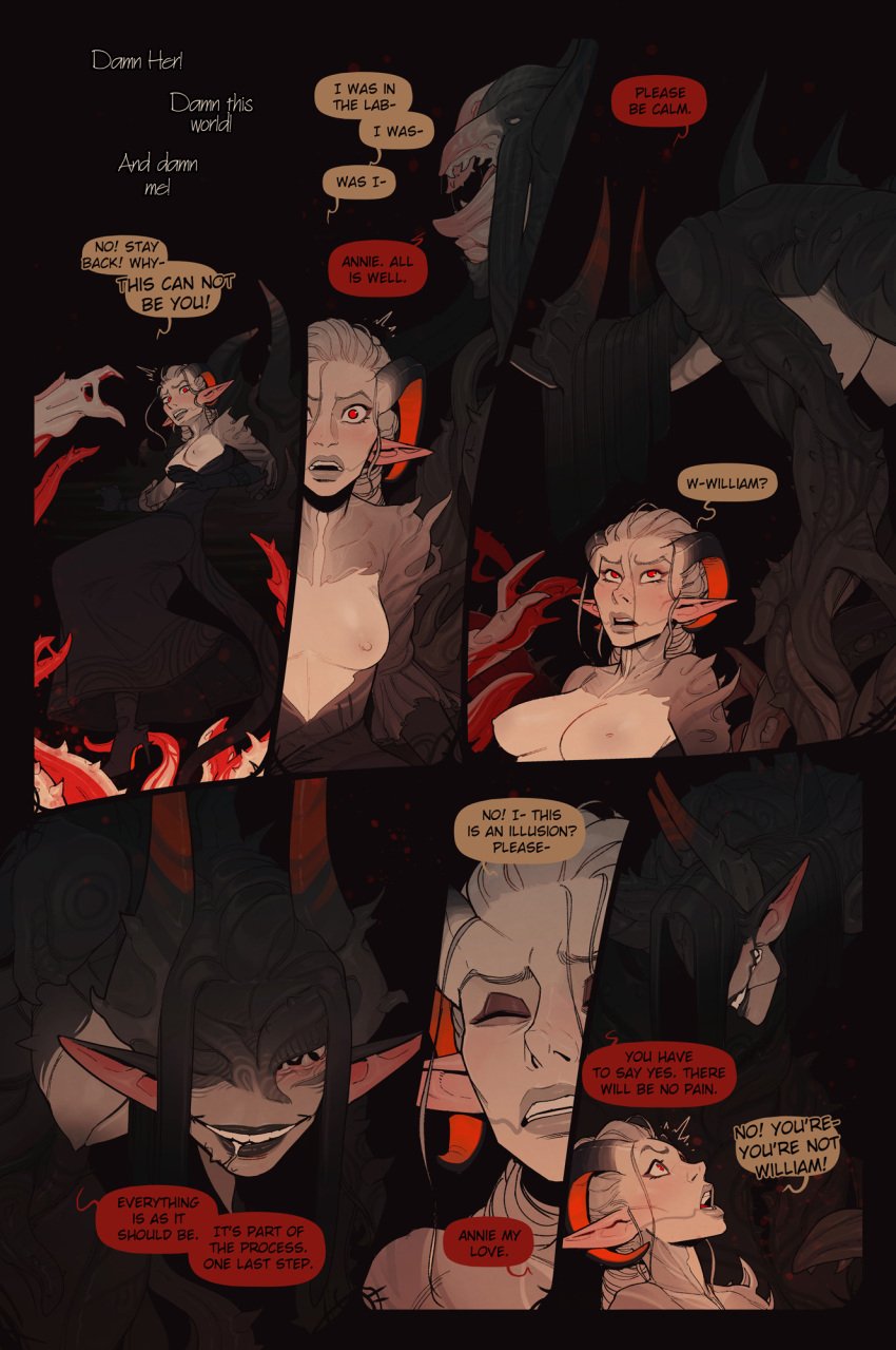 blood bodily_fluids breasts clothed clothing comic demon dialogue dress duo english_text female hair hi_res horn humanoid incase monster nipples partially_clothed red_eyes smile teeth text the_invitation_(comic)